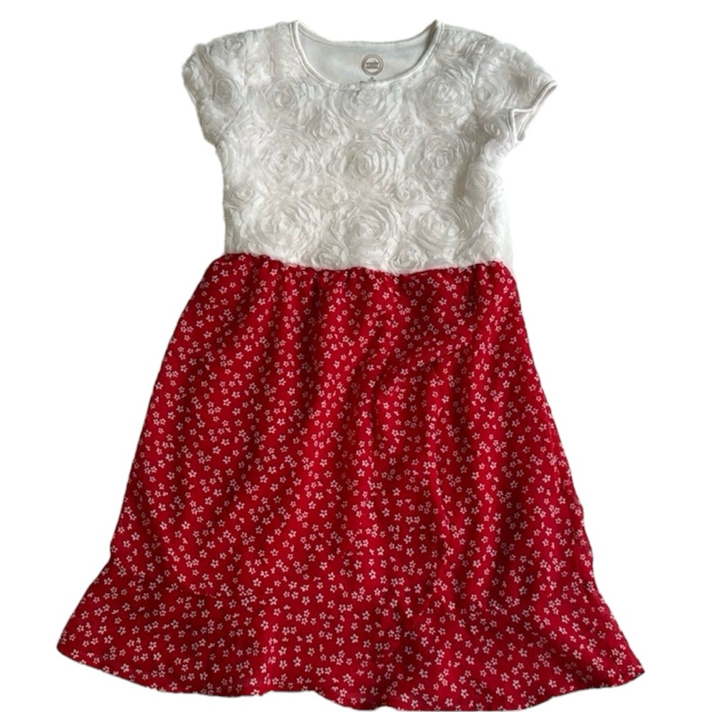 Girls Autumn Dress White Floral Appliqué Top, Red Floral Bottom  M 7-8